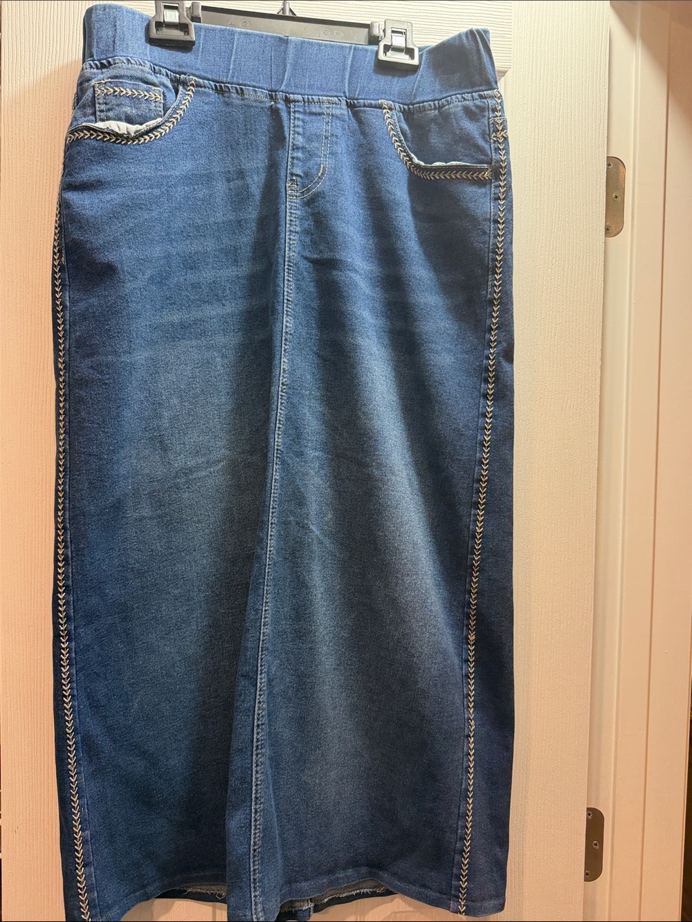 Women’s Dark Blue Denim Maxi Skirt with Decorative Stitching